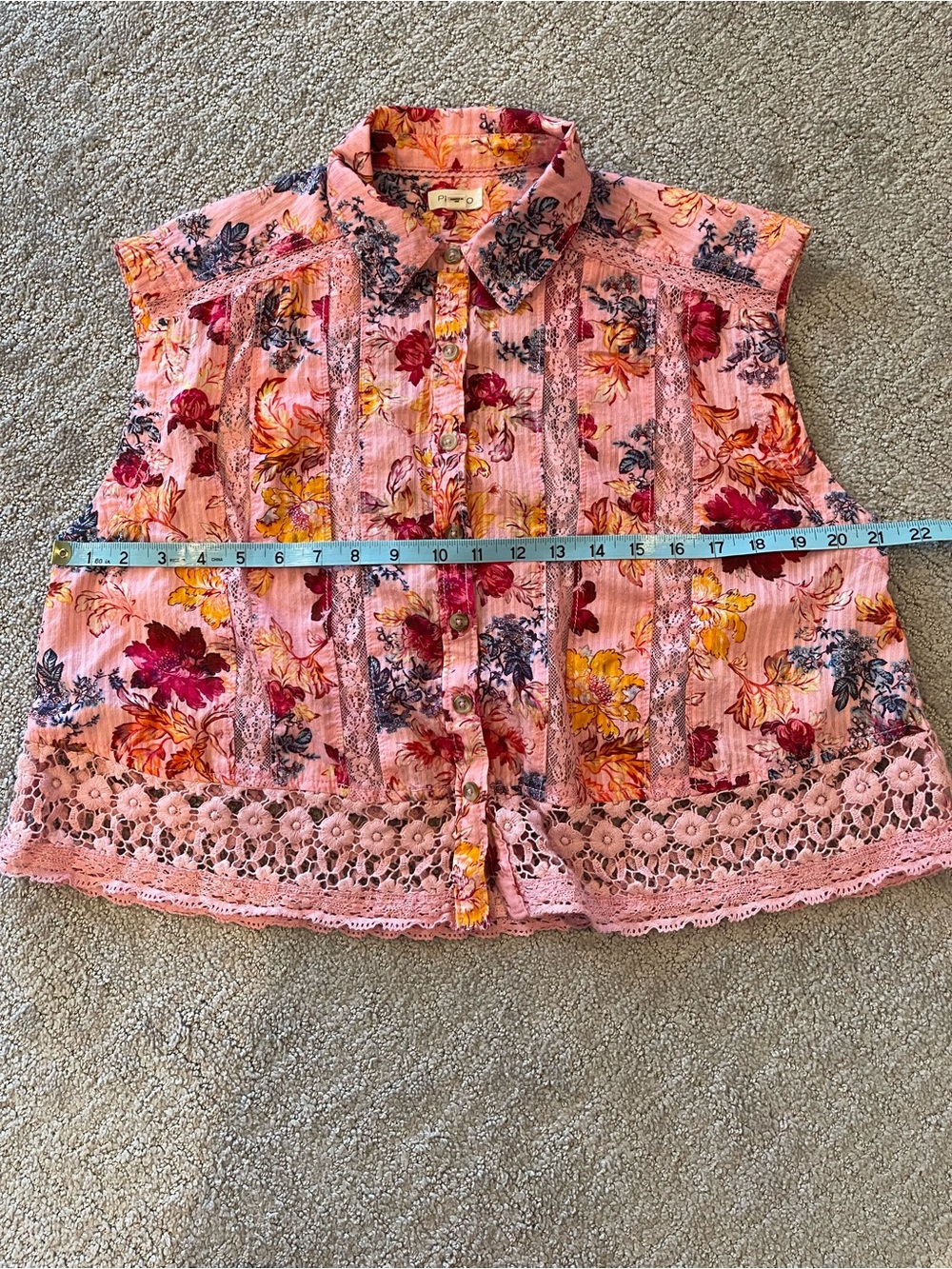Pilcro-Anthropologie Pink Floral Lace-Trim Sleeveless Button Front Blouse, XS - Picture 8 of 12
